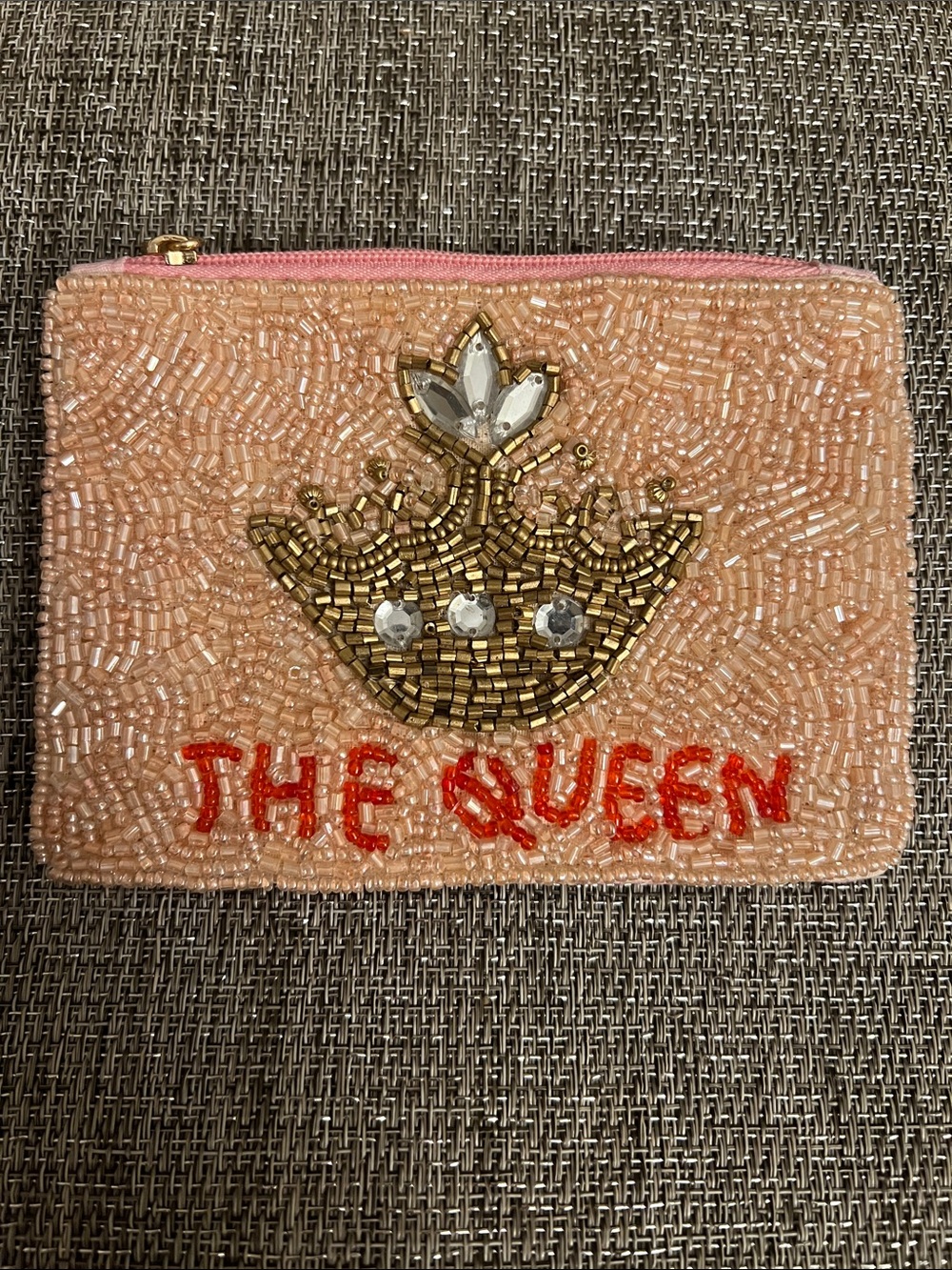 Beaded 'The Queen' Pink Zip Pouch